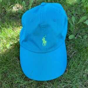 Great Condition- Ralph Lauren Teal Baseball Cap with Neon Green Polo Icon
